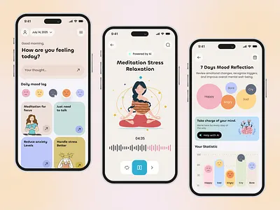 MindEase AI – Smart Mood Tracking & Guided Wellness ai app ai chatbot ai mental health emotion emotion tracker health app health assessment healthcare illustration mental app mental health app mindfulness minimal mobile app mood mood tracker ui ui kit