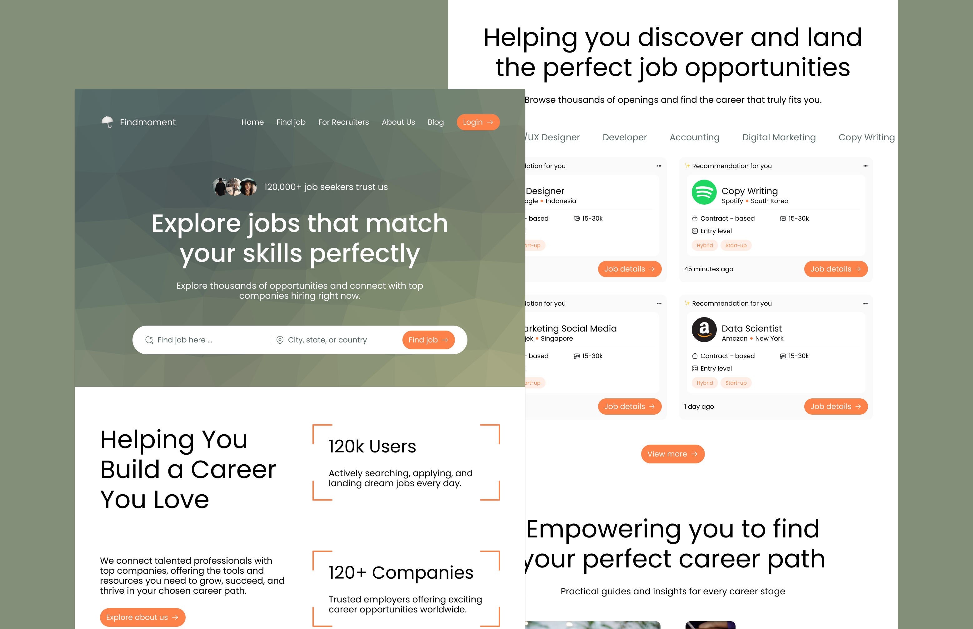 Daily UI Challenge Day 33 - Findmoment Job Portal Landing Page career daily ui challenge design dribbble find job finding job illustration job job finder job looking job portal job search job seeker landing page mobile app saas trending ui uidesign website