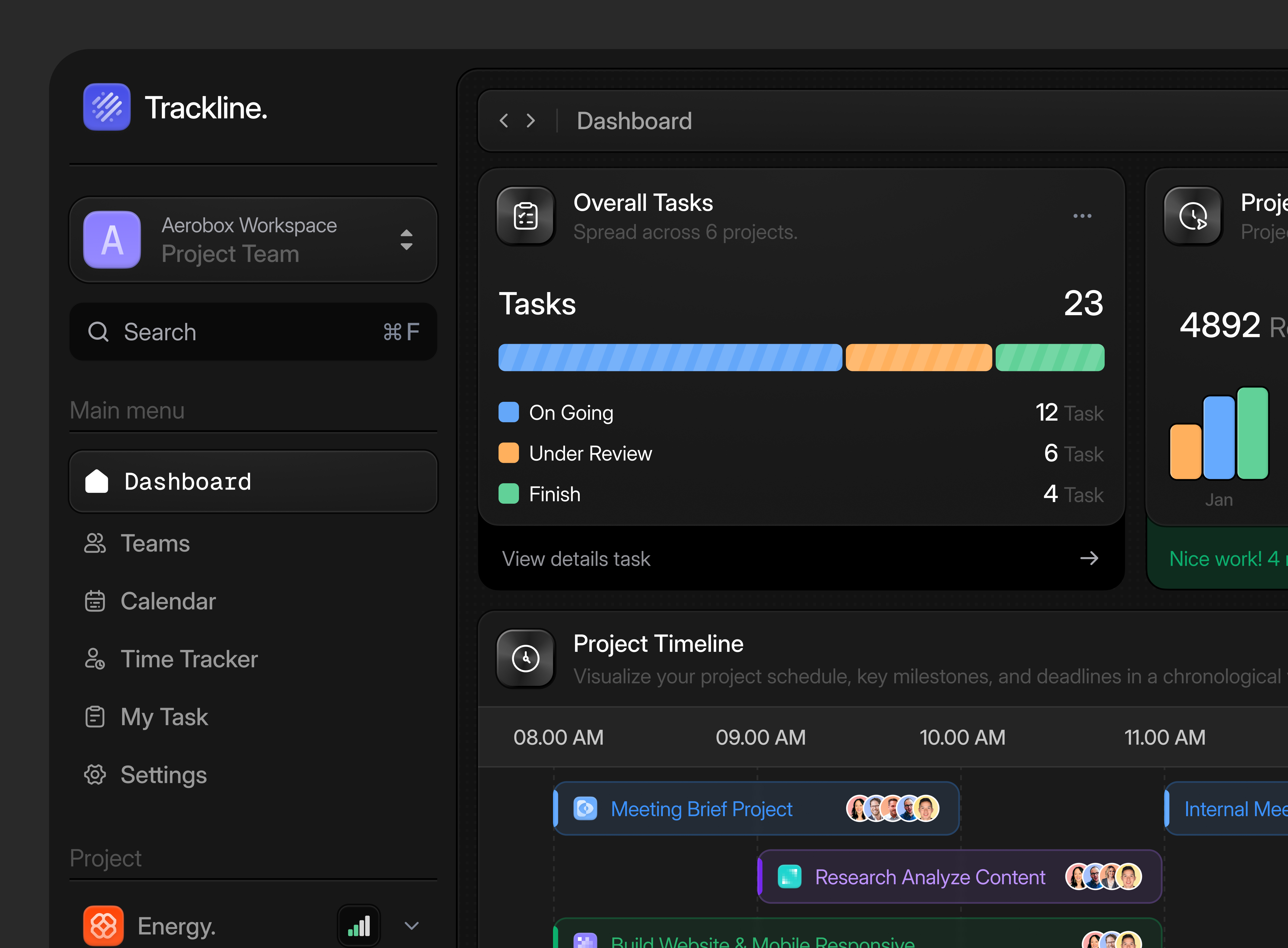 Trackline. - Saas Project Management Dashboard Darkmode analytics dashboard charts darkmode dashboard productifity project management project management app project time traker report saas saas app saas app design statistics task management task manager task tracking time tracking timeline ui design web app