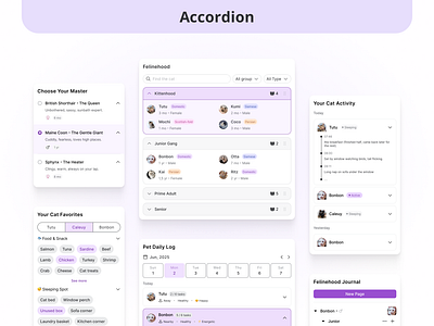 UX Accordion Exploration accordion activity assets chip collapse component dashboard design library experience library log minimal pet progress bar tag token tracker ui ux web