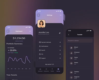 Crypto finance pages—settings, dashboard and Transfer pages bitcoin blockchain crypto design fintech interface mobile design mobile interface mobile ui product design ui ux