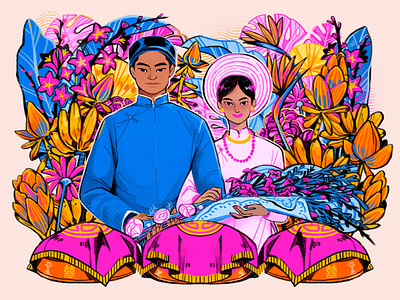 Vietnamese Wedding Outfits character cultural clothing digital editorial fashion folioart illustration texture wedding wedding illustration