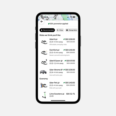 Uber ride options featuring Uber Xtreme with extra grip for snow app app feature car concept design feature figma ios product product design uber ui ux