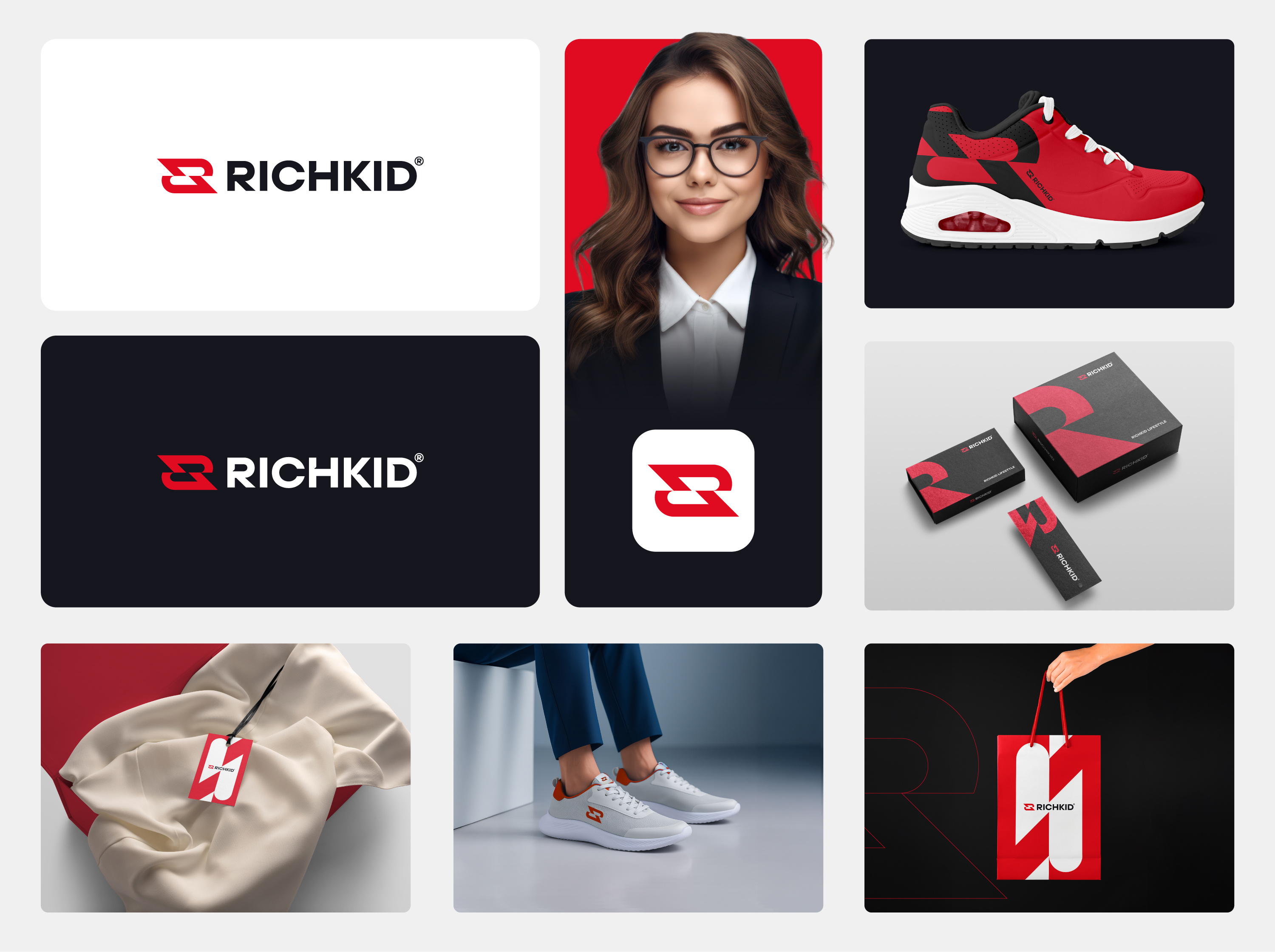 RICHKID – Dynamic Sportswear & Footwear Brand Logo athletic brand identity branding company logo design footwear brand icon design logo design logo modern sportswear performance wear logo power and motion design premium sneaker logo richkid running speed logo shoe brand logo sports logo