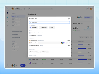 Time Tracker - Search Modal command command k component desktop filters minimal modal modals modern navigation popup productivity project management saas search search bar search box sidebar smart search user interface