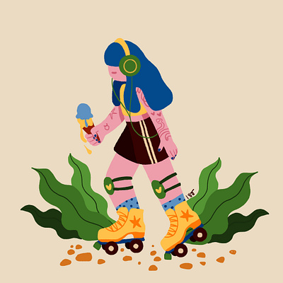 Girl & Ice cream cartoon character design ice cream illustration minimal phones plants roller skates