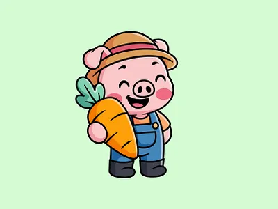 Cute Farmer Pig animal mascot carrot cartoon pig chibi pig cute farm animal farmer pig pig illustration pig mascot