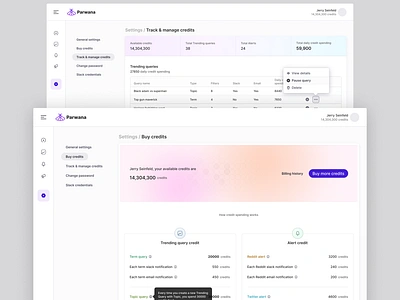 Parwana - Content Research Tool cards credits design fintech payment product design queries query seo table tracking trends ui user experience user interfance ux webapp