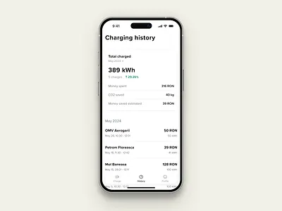 EV Charging Mobile App - History app app design charging history clean design energy history list menu minimalist mobile mobile design statistics stats ui ux