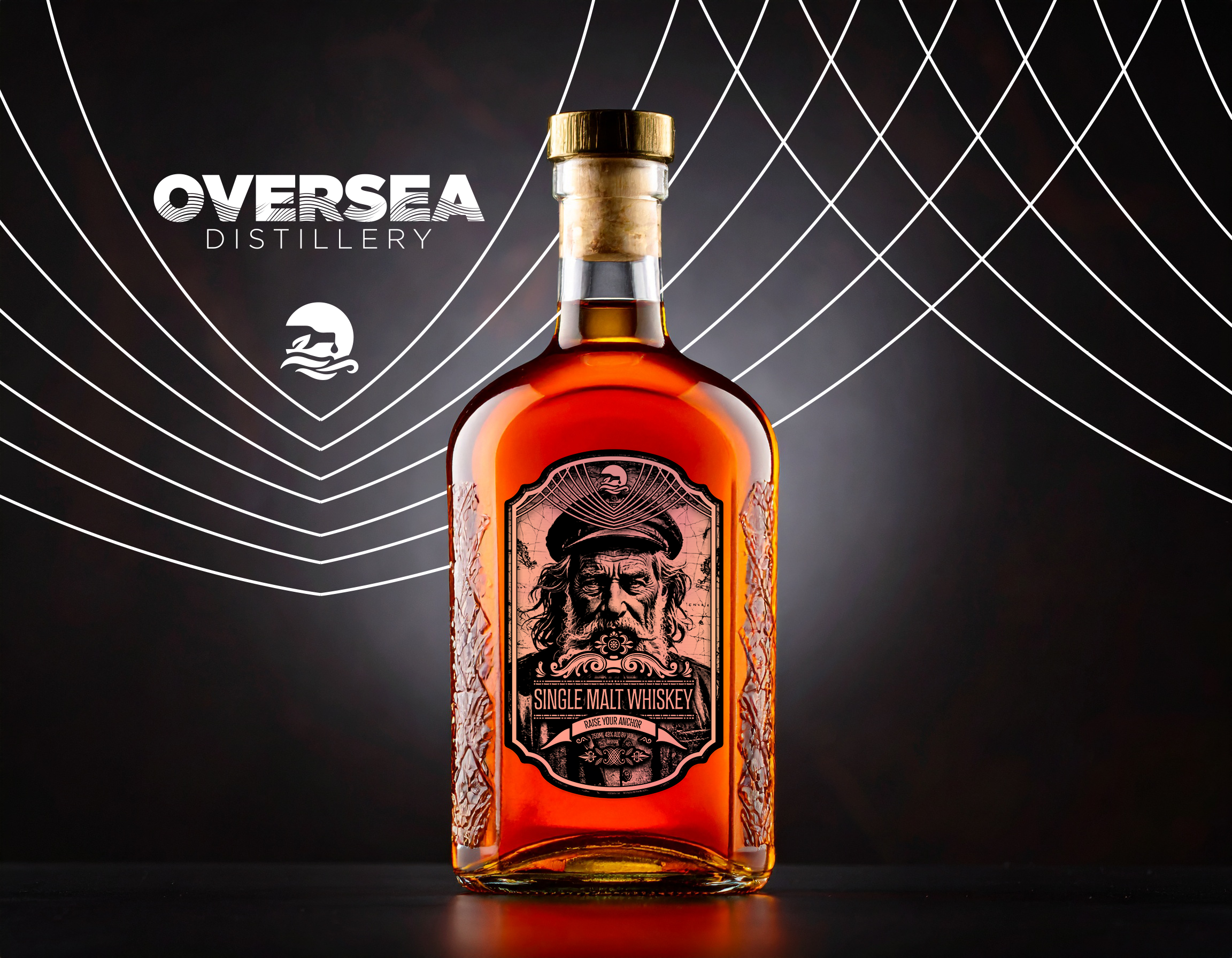 Oversea Single Malt Whiskey Label alcohol bottle bourbon captain distilled hat label maryland mustache nautical ocean old man sea spirits whiskey