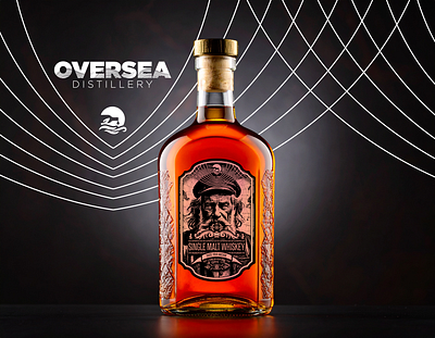 Oversea Single Malt Whiskey Label alcohol bottle bourbon captain distilled hat label maryland mustache nautical ocean old man sea spirits whiskey