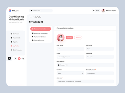 Healthcare Dashboard | Profile Page biotech clinic clinic dashboard health health tracking healthcare healthtech hospital medical care medical dashboard medicine online medicine profile ui user profile web design