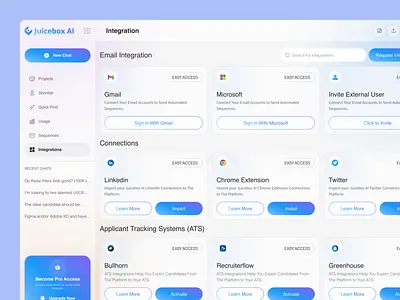 Integration | Design for AI Recruiting Platform clean crm crm dashboard dashboard dashboard ui data integrations integrations settings job portal dashboard manage integrations manage tools product design saas saas dashboard sales dashboard settings page ui ux web app web design