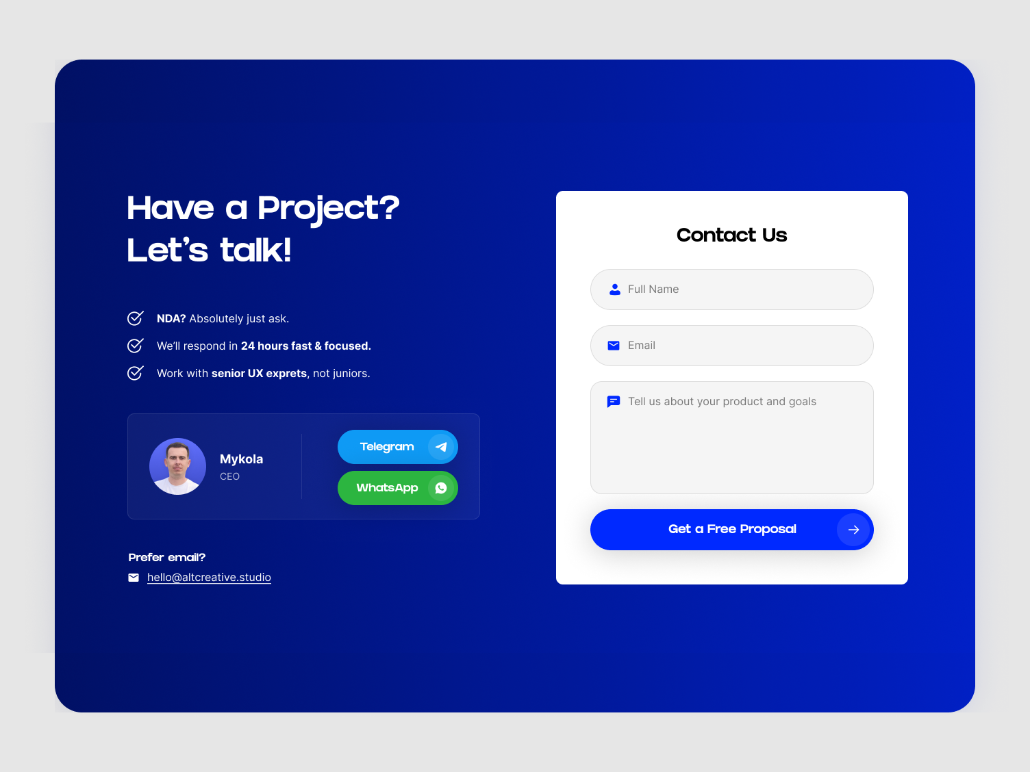 Contact Page Design for a Modern SaaS Studio contact page design agency figma design landing page design saas website ui ux design ui ux studio web design webflow developer wordpress developer