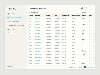 Appointment Scheduling Dashboard appointment appointmentscheduling clinic dashboard graphic design healthcare healthtech hospital management medicaldashboard queuemanagement saas tableui tool ui ux website
