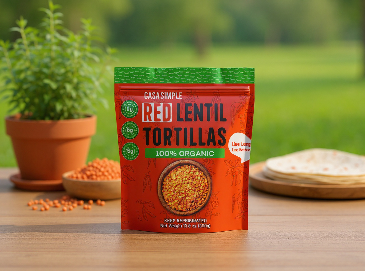 RED LENTIL TORTILLA PACKAGING DESIGN branding design food food packaging graphic design illustration label design packaging design pouch design pouch label product label design red lentil red lentil packaging tortilla packaging