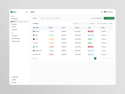 Billing Page Dashboard app banking clean design fireart monitor payment personal stats table track ui ux