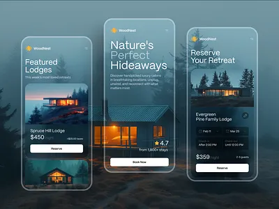 Lodge Booking App UI — Nature Retreats & Cabins app design booking app booking flow cabins hospitality app hotel app ios lodge booking mobile app nature premium design product design property booking retreats travel app ui design vacation rental
