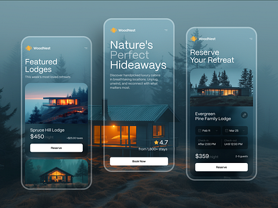 Lodge Booking App UI — Nature Retreats & Cabins app design booking app booking flow cabins hospitality app hotel app ios lodge booking mobile app nature premium design product design property booking retreats travel app ui design vacation rental