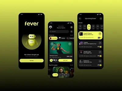 Fever – Event Discovery & Ticketing App app design inspiration concerts dark mode app entertainment app event app event discovery event finder live shows mobile app mobile app concept ticket booking ticketing platform ui design ux design