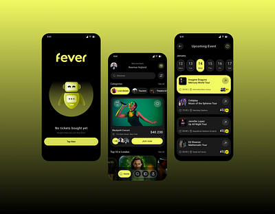 Fever – Event Discovery & Ticketing App app design inspiration concerts dark mode app entertainment app event app event discovery event finder live shows mobile app mobile app concept ticket booking ticketing platform ui design ux design