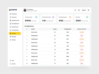 Event Management Earnings Page UI/UX clean dashboard earnings page event management event management dashboard management dashboard modern dashboard saas saas dashboard saas table ui uiux web app website design