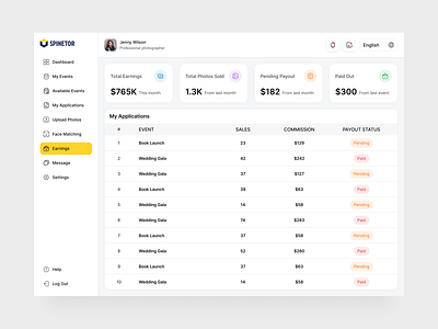 Event Management Earnings Page UI/UX clean dashboard earnings page event management event management dashboard management dashboard modern dashboard saas saas dashboard saas table ui uiux web app website design