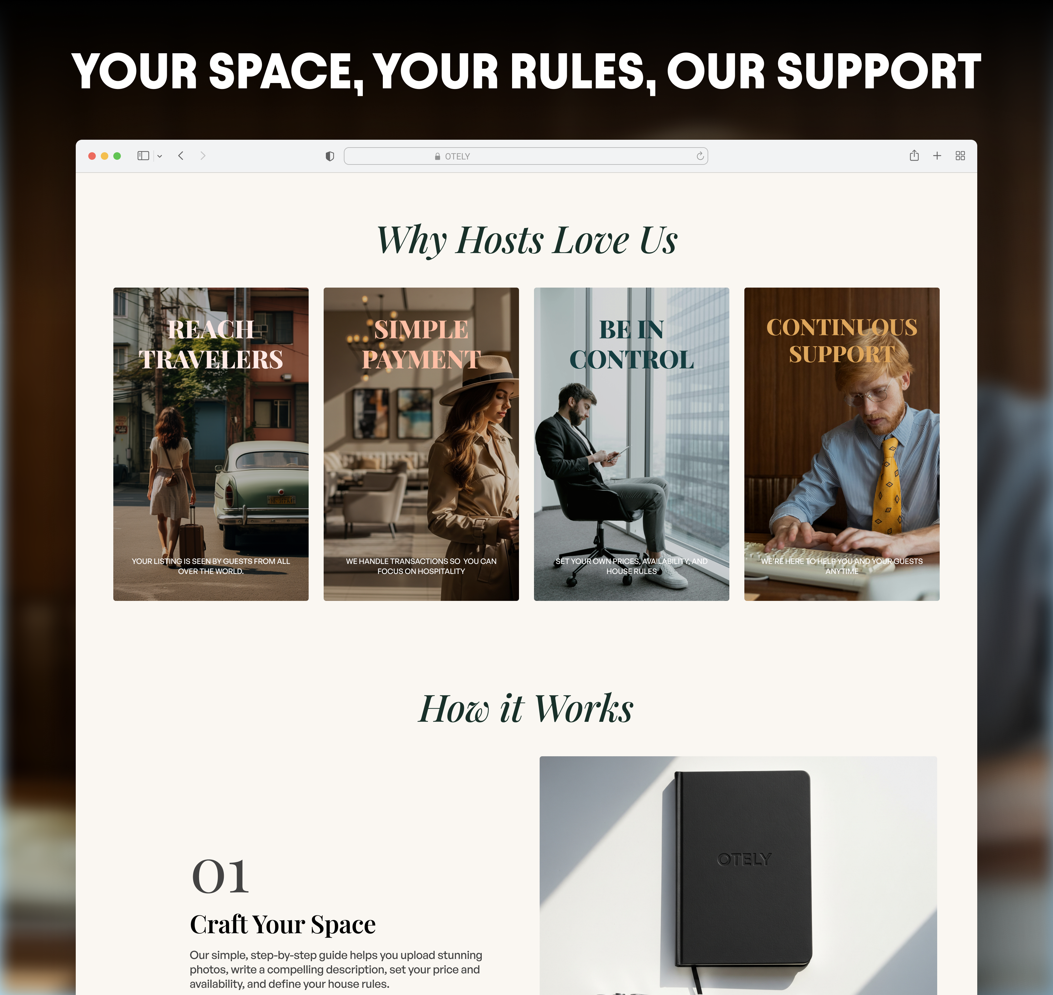 Otely's List a Property Page become a host branding figma freelance guest hospitality host hostess hotel how it works how it works section landing page list aproperty product design ui ux why us why us section
