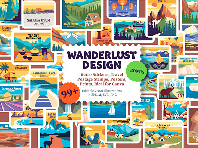 Travel Retro Stickers, Postage Stamps, Posters branding design editable flat graphic design illustration landscape sticker vector