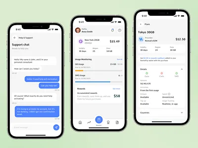 Global eSIM management app chat design esim interface mobile plans product design sms telecom travel ui ux