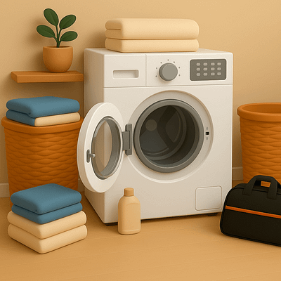 Laundry Corner, Washer Door Open folded towels laundry room