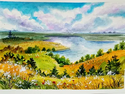 Summer Countryside Landscape Painting – Original Artwork, Ukrain art field hand painted landscape nature paint painting rural ukraine village