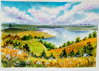 Summer Countryside Landscape Painting – Original Artwork, Ukrain art field hand painted landscape nature paint painting rural ukraine village