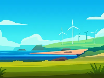 Coastal Wind Farm Landscape – Sustainable Energy by the Sea art beach coast coastscape ecoart electricity energy england flat illustration illustration landscape renewable seascape turbine vector web banner windmill