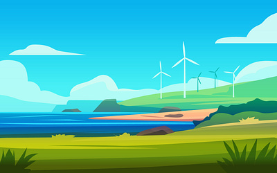 Coastal Wind Farm Landscape – Sustainable Energy by the Sea art beach coast coastscape ecoart electricity energy england flat illustration illustration landscape renewable seascape turbine vector web banner windmill