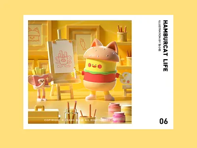 HAMBURCAT—Painting(3D) 3d c4d cat cute hamburger illustration ip ip design mascot painting yellow 张小哈