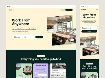 Kerjo - Workspaces Finder branding clean design finder flat green hybrid landing page minimal product visual responsive startup ui ux visual identity website work from anywhere working workspace yellow