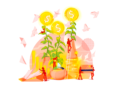 Money Investment art character coin design digital growth illustration invest investment money money tree origami plant provit tree watering