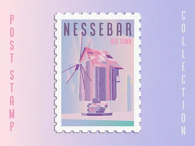 Post Stamp Illustration - Nessebar abstract clean design graphicdesign illustration illustration art illustrator post stamp travel travel poster vector windmill