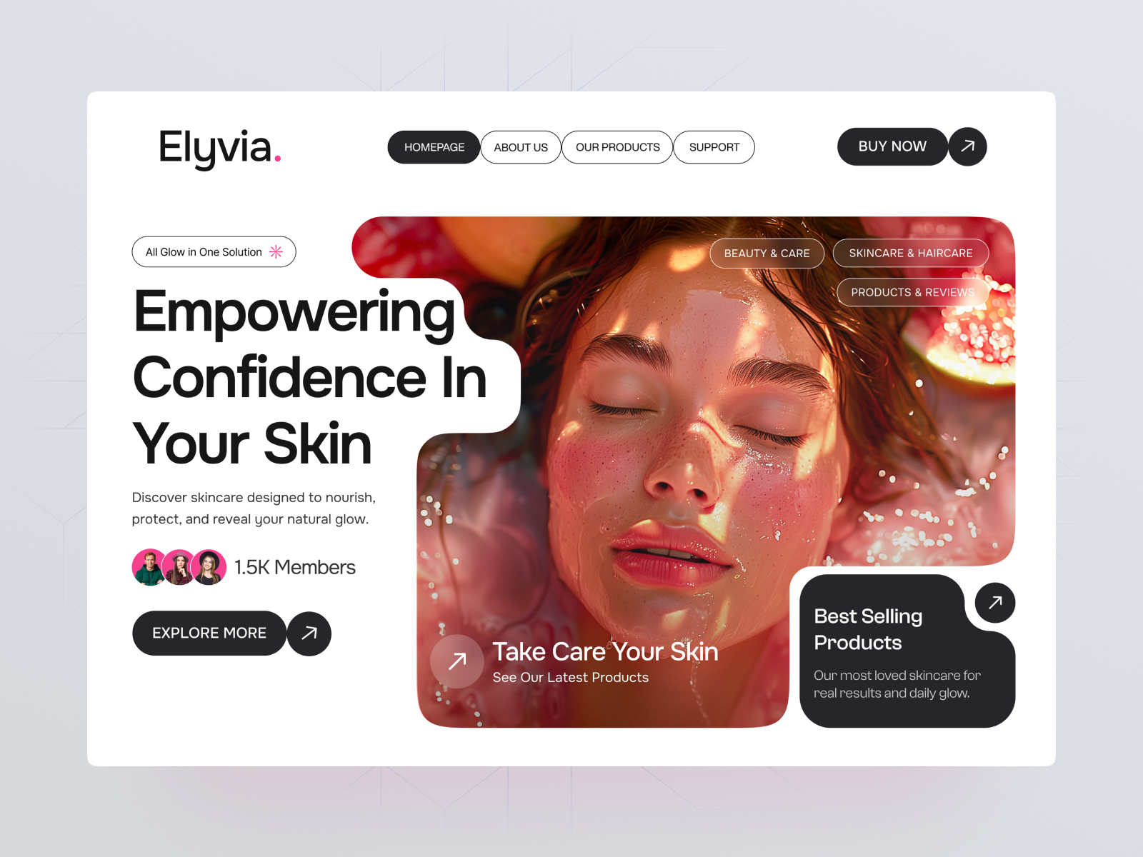 Elyvia - Skin Care Website Design 🌸 beautybrand beautydesign cleanui cosmeticsui creativeagency ecommerce landingpage minimaldesign modernwebdesign responsivedesign rompweb selfcaredesign skincarewebsite uiux webdesign wellnesswebsite