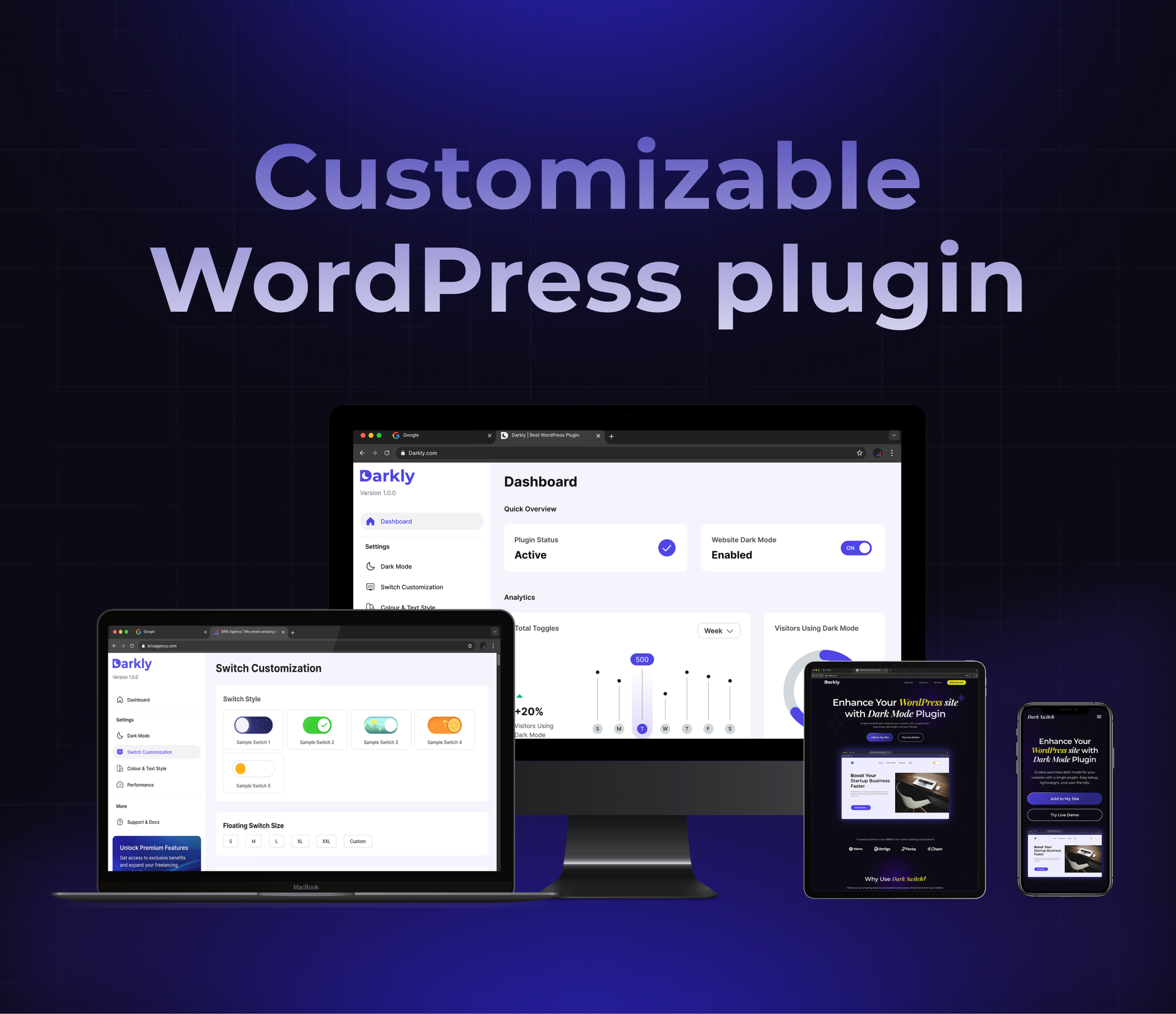 UI/UX for Darkly: A Seamless Dark Mode WordPress Plugin dashboard figma design minimal saas ui user interface ux web website wordpress dashboard wordpress website