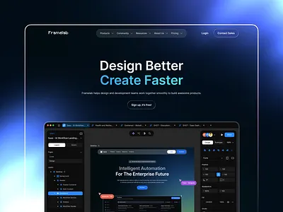 Framelab - Design Tools Interface Landing Page appdesign clean dashboard design design tools landingpage mobile app popular saas product saas website ui ux webapp website website design