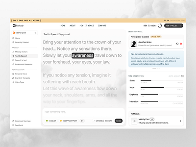 Melody - AI Voice Platform ai ai dashboard clean dashboard dashboard design design product design saas saas dashboard text to speech tone of voice ui ui design uiux uiux design ux voice avatars dashboard voice platform voice to text voice to text dashboard