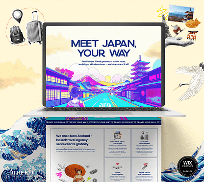 JAPAN360 Wix Website Design canva collage collage design hokusai japan japanese japanese design japanese style modern new zealand pop traditional travel unique webs design wix wix studio wix website
