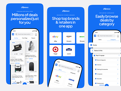 Apps Store Screenshots - Deals Store App app store screenshote apps design apps store blue clean deals deals app dujima e commerce app google play idea ios marketplace mockup play store screenshot uiux upload ios
