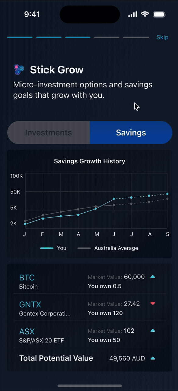 Stick Bank animation app banking case study dark mode finance fintech ios neo bank product design prototype