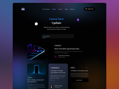 Tech Blog - Landing Page Concept article blog blur clean daily 100 challenge daily ui dark darkmode darktheme gradient landing page news newspaper product design technical blog ui ux web design