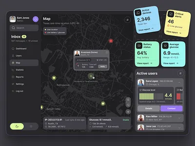 GPS app for diabetes monitoring alert system connected device dark mode dashboard design data driven design data visualisation diabetes gotoinc gps healthcare app map ui patiant care patient monitoring real time tracking saas smart health ui ux wearable tech wellness app