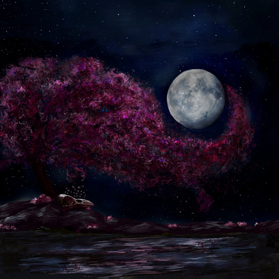 Cherry Blossom Starry Night album art cover digital art fantasy illustration landscape magical mythical painting