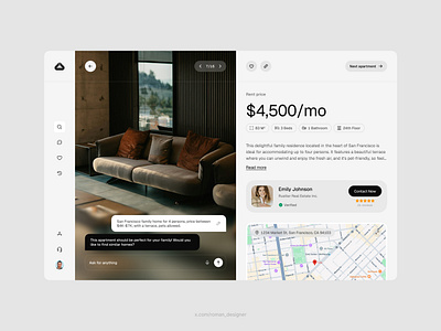 Apartment page apartment contact design details elegant interaction light luxury minimal navigation photo price product page real estate ui ux white